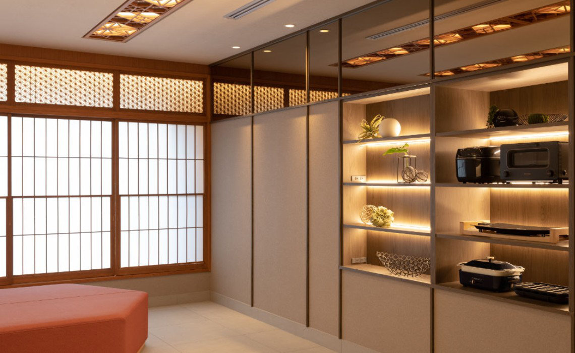 Bright lobby at MIMARU SUITES Tokyo Asakusa with open shelving, appliances, and shoji screens. Roll-in shower available in accessible rooms.
