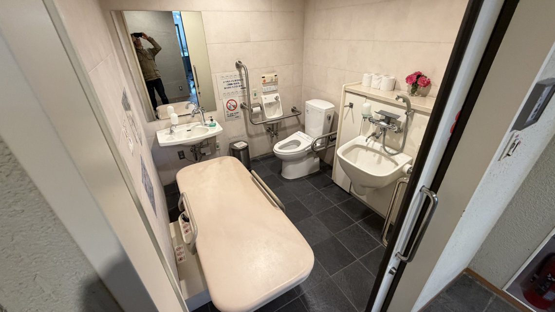 Accessible toilet at Dazaifukan with grab bars, sink, urinal, changing table, and a bidet toilet in a clean, compact space.