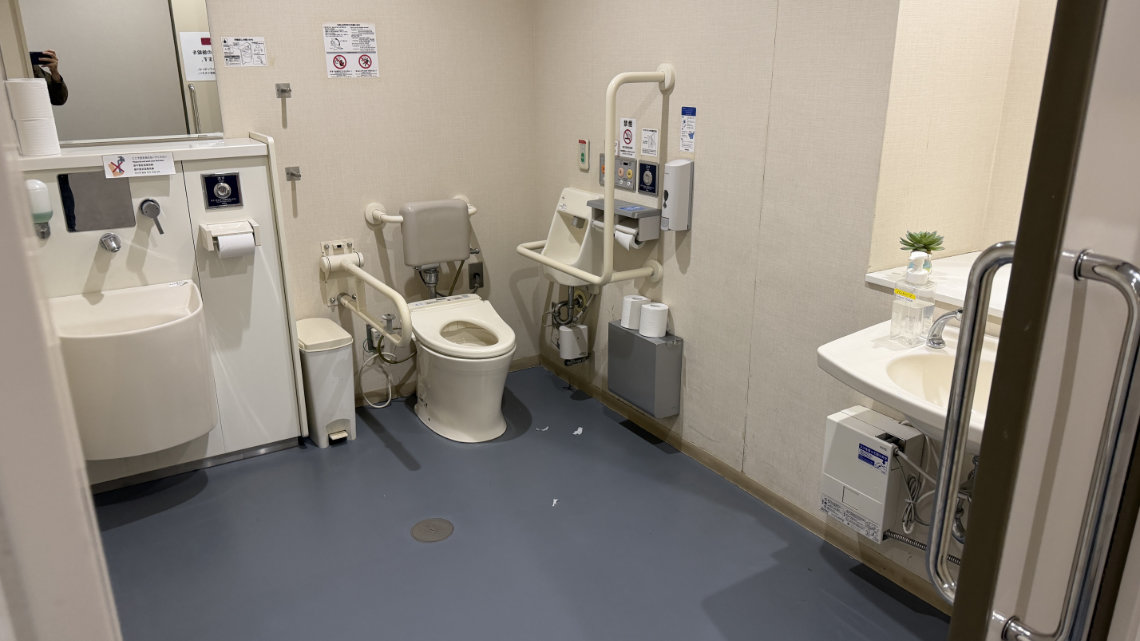 An accessible restroom with beige walls, featuring a toilet with a backrest, an ostomate sink, and grab bars, with a sliding door entry.