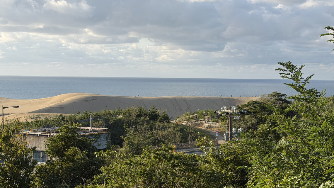 A scenic view of vast sand dunes stretching toward the ocean horizon, framed by green trees in the foreground.